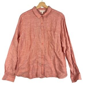 Garnet Hill 100% Linen Button Up Shirt Coral Peach‎ Long Sleeve Size 14